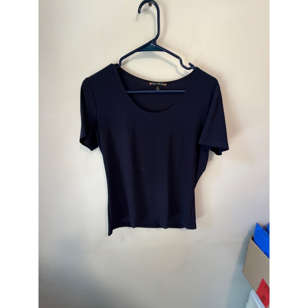 Suzie in the City Womens Navy Blue Scoop Neck Short Sleeve Top Size Medium